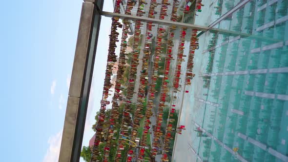 Bridge Glass Pavement with Locks on Railing in Ljubljana