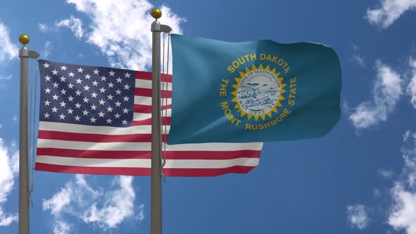 Usa Flag Vs South Dakota State Flag  On Flagpole