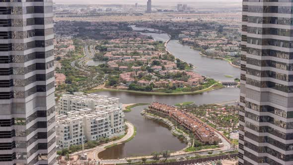 Aerial View of Apartment Houses and Villas in Dubai City Timelapse United Arab Emirates