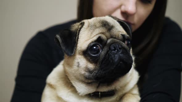 Woman Hugging Sleepy Pug