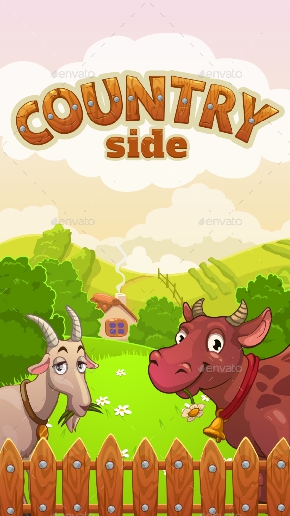 Cartoon Countryside Landscape with Cow and Goat