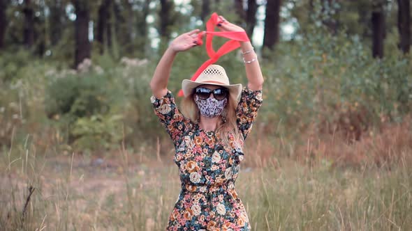 Girl Walking In Face Mask In Summer COVID19 Virus.Health And Safety Concept.Pandemic Protection