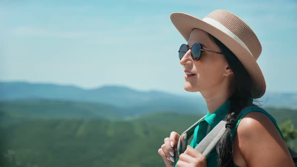 Stylish Travel Woman Admiring Natural Mountain Landscape