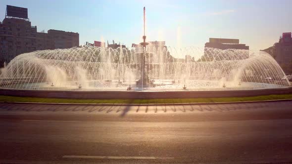 Fountains display show in slow motion Union Square Bucharest Romania