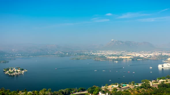 Aerial View of Lake Pichola with Lake Palace (Jag Niwas) and Jag Mandir (Lake Garden Palace)