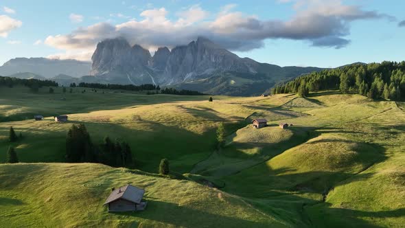 Sunrise on the Seiser Alm in the Dolomites mountains