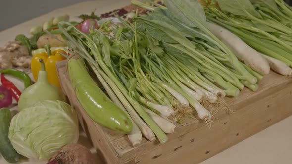 A Selection Of Various Vegetable On Wooden Table.