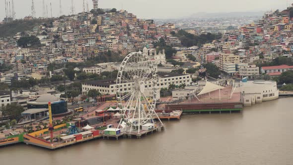 Aerial view of the sunrise on Cerro Santa Ana in Guayaquil City with view of the river. Ecuador