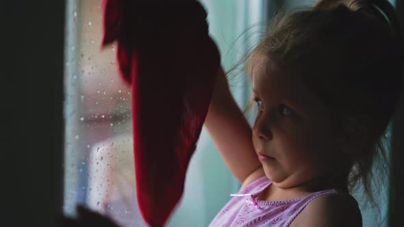 Closeup Shot Little Child Wipes Dry Window