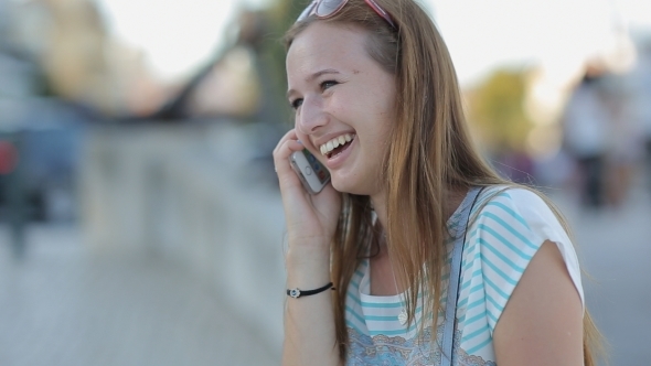 Happy Young Woman Talking Smart Phone, Laugthing