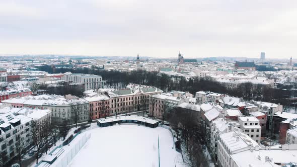 Drone Footage of Krakow Poland with Royal Wawel Castle During the Winter Season