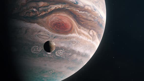 The Moon Ganymede Orbiting the Gas Giant Planet of Jupiter