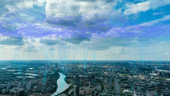 Aerial Time-lapse Cityscape in the Summer Daytime with Futuristic Elements of Telecommunications