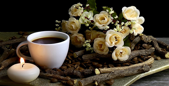 Coffee with Coffee Beans Candle and Flowers alt