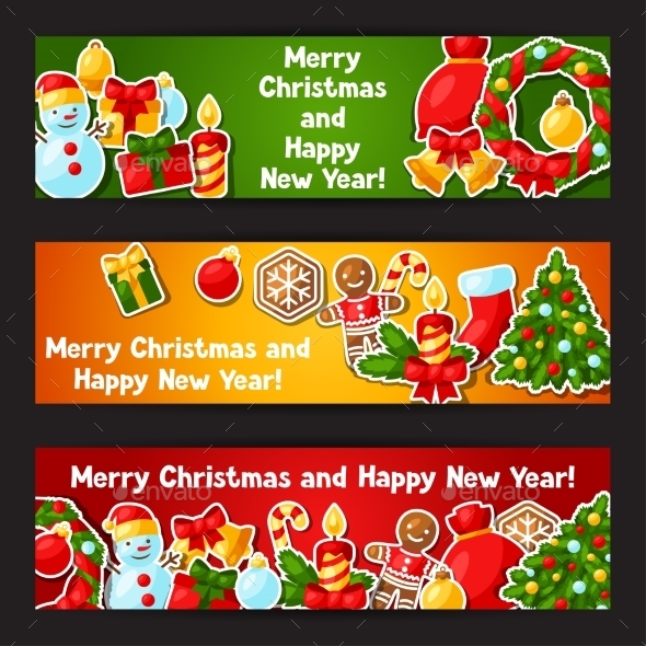 Merry Christmas And Happy New Year Sticker Banners