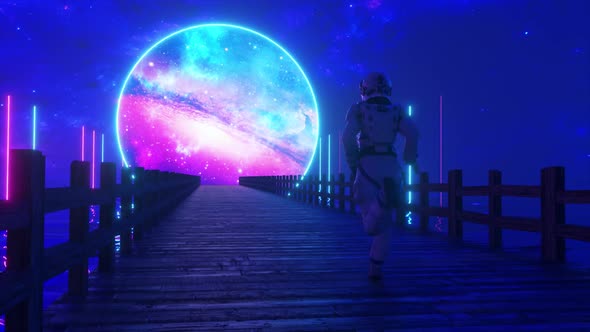 Astranaut Runs Along the Endless Wooden Bridge Across the Ocean to His Dream