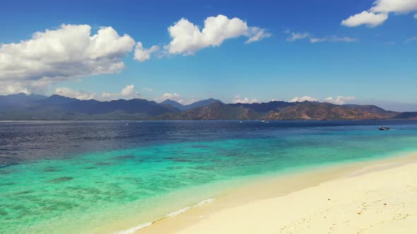 Aerial travel of perfect bay beach wildlife by clear lagoon with white sandy background of a dayout 