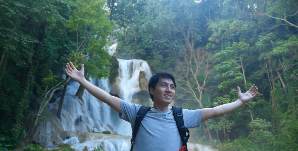 Man Happy With Waterfall