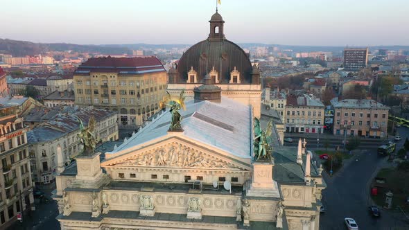 Aerial View of Lviv Opera and Balet Theatre in Lviv Old City Center, Ukraine, Europe