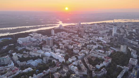 Ukraine, Kyiv : City Center in the Morning at Sunrise. Aerial View. Kiev.