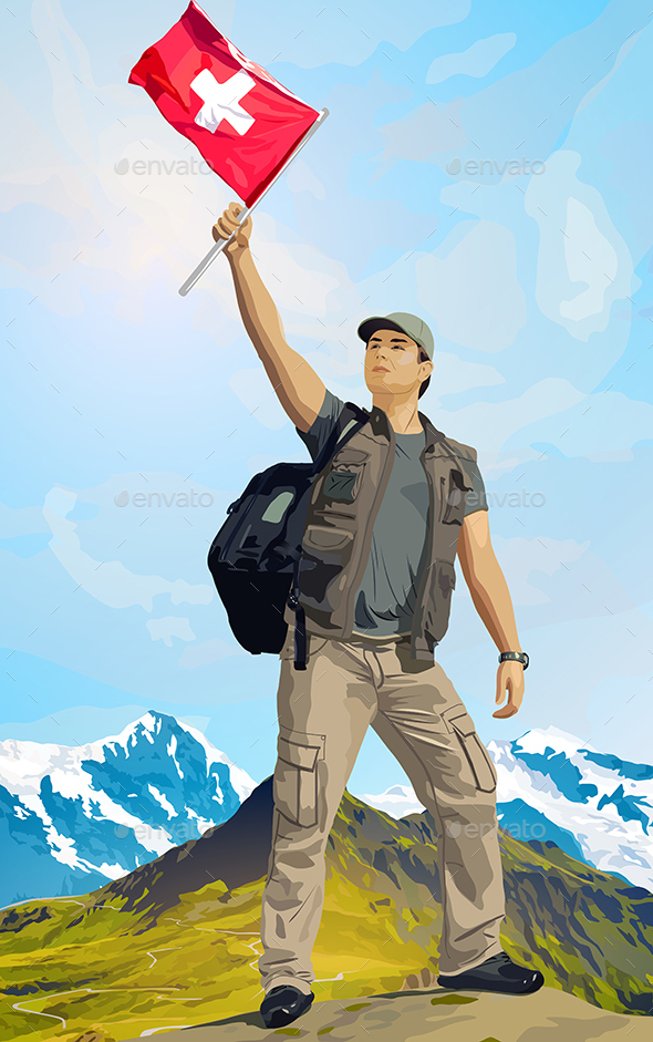 Man Tourist Standing on a Mountain
