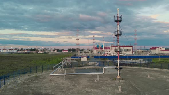 A Drone Flies Over the Emergency Gas Relief Pipes at a Gas Turbine Power Plant