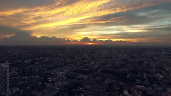 Aerial View on Chao Phraya River and Sunset at Bangkok