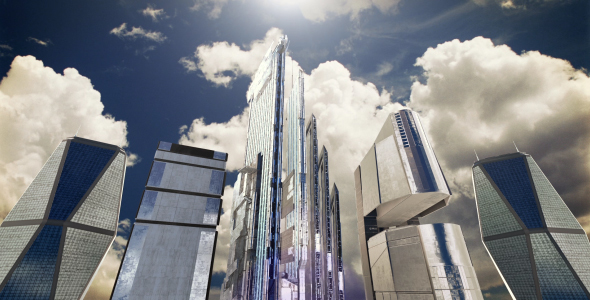 Futuristic City. Skyscrapers, Sky, Clouds and Sun