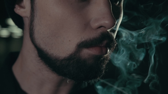 Young Handsome Bearded Man Smoking Cigarette 