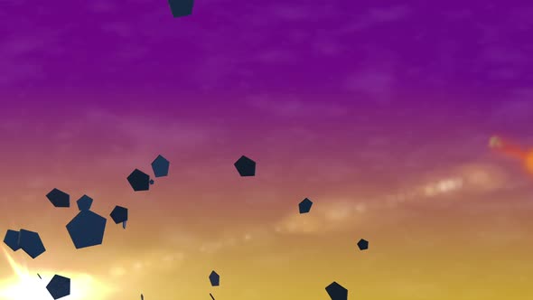 Animated pentagon particles floating in the air at sunset. Abstract background. 3D animation