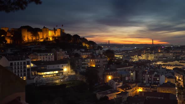 Sunset View of Lisbon Old Town, Portugal. Roofs of the City, Castelo De Sao Jorge and 25Th of April