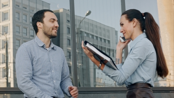 Business People Working Outdoor, Using Pad 