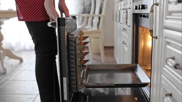 Inserting Pan With Gingerbread Into The Oven alt