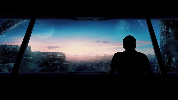 Futuristic Cityscape With Man Looking Out