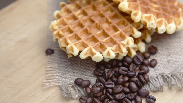 Closeup Of Waffles On Coffee Beans