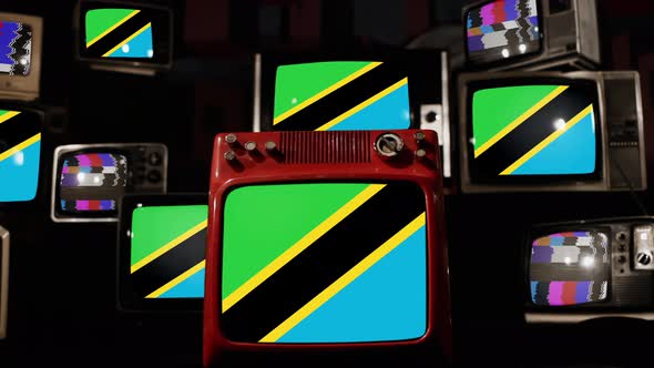 Flag of Tanzania on Retro TVs. 4K.