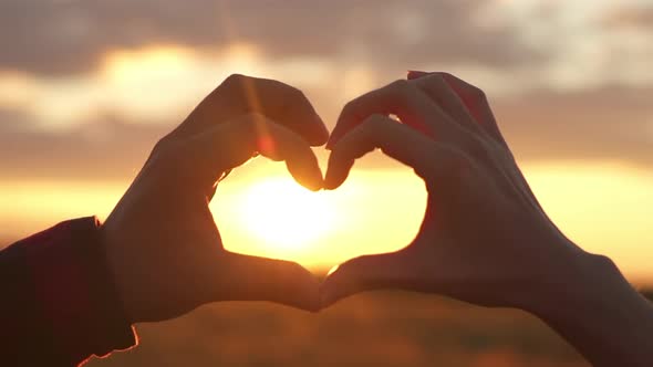 Hands of Woman and Man Made a Heart Shape at Sunset, on the Abstract Background, Against an Orange