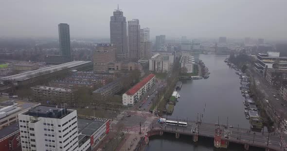 Aerial: Overcast morning over Amstel Station in Amsterdam