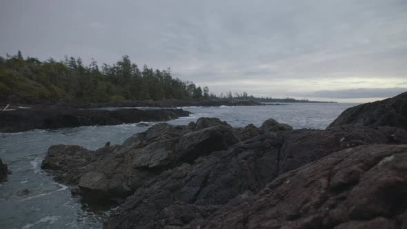 Overcast Twilight on a Rocky shore in Ucluelet, Vancouver Island, Canada