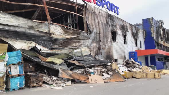 Bucha, kyiv, Ukraine 01.04.2022: War in Ukraine. Shopping center destroyed by russian military force