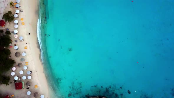 Overhead dolly in aerial view of Grote Knip beach, Curacao, Dutch Caribbean island