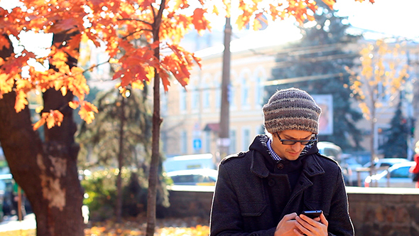 Young Man Using a Phone In The Park