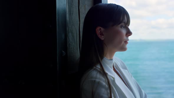 Ceo Woman Direcor Thinking Ocean Window View Closeup