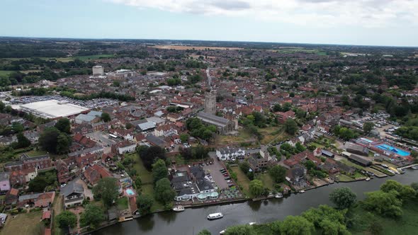 Beccles town in Suffolk UK high panning drone aerial view