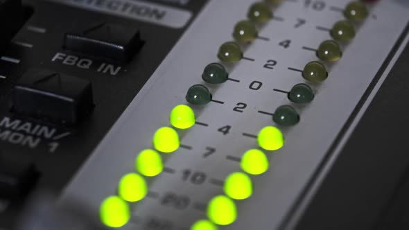 Macro Shot of Stereo LED Indicator on Mixing Console with Pulsating Sound Level