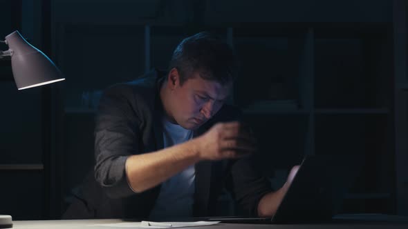 Night Office Broken Computer Annoyed Business Man