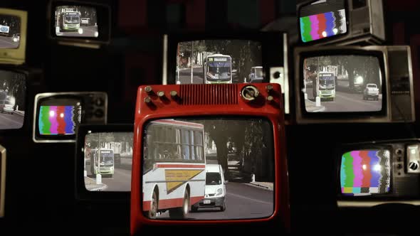 Traffic on Road in Urban Scene in Asuncion, Paraguay, and Retro TVs.