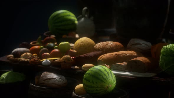Food Table with Wine Barrels and Some Fruits, Vegetables and Bread alt