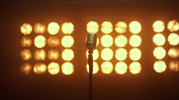 Vintage Microphone Standing Empty Stage in Nightclub
