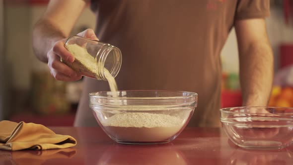 Man making vegan meat. Process, how to cook seitan